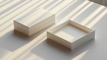 Poster - Minimalist open and closed white box mockup on smooth surface with natural lighting for design presentation