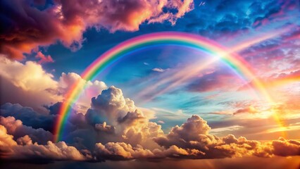 Poster - Dreamy Enchanting Rainbow Sky Background with Clouds and Light Lines - Stock Photo