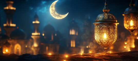 Wall Mural - Crescent moon, lanterns, city night, Ramadan