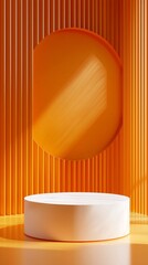 Poster - A striking setup showcases an orange cylindrical podium against a vivid backdrop, creating a bold stage for product presentation. The circular window enhances the modern design