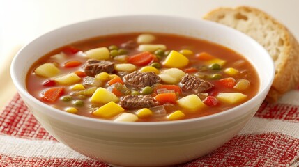 Sticker - Hearty vegetable soup in a bowl, featuring chunks of beef, potatoes, carrots, corn, peas, and other vegetables in a rich tomato based broth. A slice