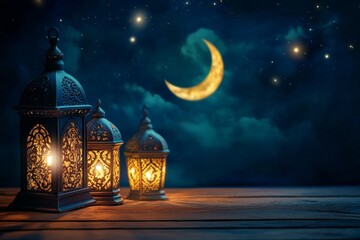 Wall Mural - Ramadan lanterns glowing under crescent moon night sky