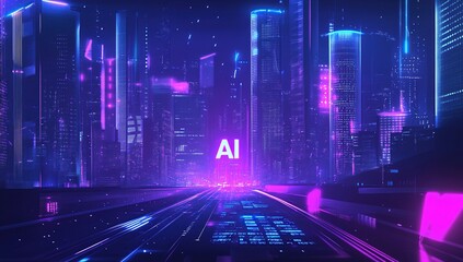 Poster - AI Cityscapes: Exploring Futuristic Urban Environments with Neon Lights and Digital Pathways, Showcasing Technological Advancements in Virtual Worlds.