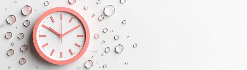 Poster - A pink clock surrounded by water droplets on a white surface, symbolizing time and freshness., Day Light Saving Time