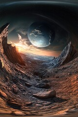 Wall Mural - scenic view of an alien landscape, with distant planet and moon visible in the sky.