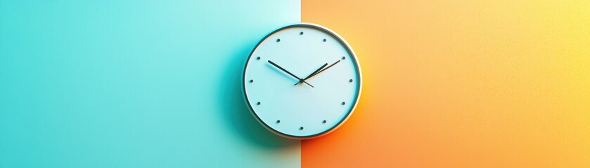 Poster - A minimalist clock on a split background of turquoise and orange, symbolizing time and modern design., Day Light Saving Time