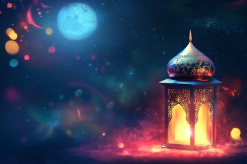 Wall Mural - Illuminated lantern, night sky, Ramadan, celebration, festive, mystical, bokeh, design, greeting