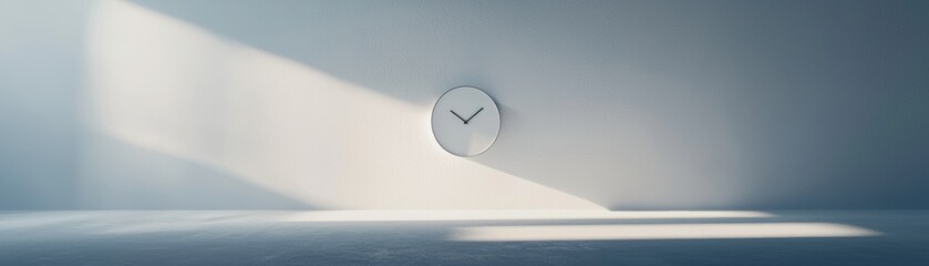 Poster - a minimalist clock casts subtle shadows in a serene space illuminated by natural light, creating a c