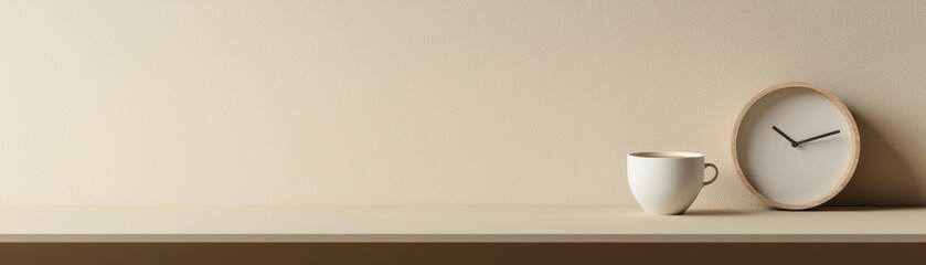 Poster - a minimalist scene featuring a cup and clock on a simple shelf against a neutral wall, evoking calm 
