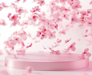 Wall Mural - A podium on the ground with scattered pink petals flying, a minimal mockup background for product presentation