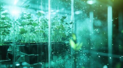 Poster - Green plants growing inside a modern laboratory, illuminated by a green light, suggesting scientific research and advancements in botany or agriculture