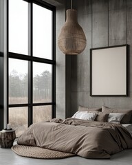 Wall Mural - Modern bedroom interior design, featuring a large bed with a taupe colored bedspread and pillows, a pendant light, large windows overlooking a