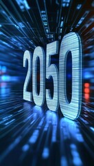 Poster - Futuristic Glowing 3D Number 2050 on Digital Abstract Background, Concept of Future Technology