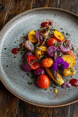 Canvas Print - A vibrant platter of grilled vegetables with a drizzle of sauce, arranged artistically.