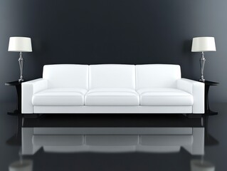 Wall Mural - Modern white sofa against a dark gray wall, featuring white lamps on side tables, reflecting on a dark floor. Stylish and minimalist living room