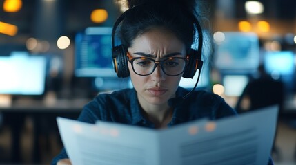 Poster - Focused woman in headset reviewing documents in a modern office environment with computers
