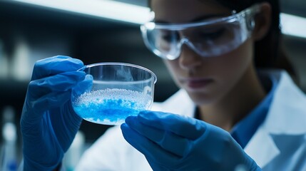 Poster - in a modern laboratory, a scientist in protective gear intently studies a petri dish containing a st