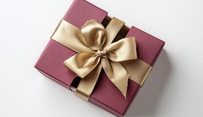 Canvas Print - Open gift box with gold ribbon, maroon patterned box, simple and elegant design, bright lighting, studio shot