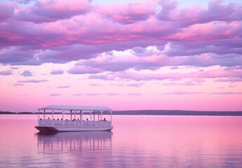 Poster - Pastel pink sunset over a lake, white boat with people on deck, serene and tranquil scene, soft lighting, calm water reflects the sky