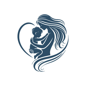 Mother and Baby inside Heart. Mother’s Day Silhouette Element Vector Design Illustration