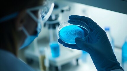 Poster - Holding a petri dish with an intriguing blue substance, the scientist carefully examines it under bright lab lights. This moment illustrates the meticulous nature of scientific research and discovery