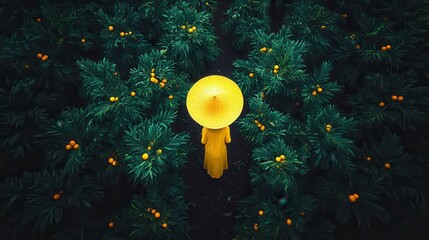 Canvas Print - High angle view of person in yellow attire and conical hat amidst citrus trees, dark green foliage and yellow citrus fruits. Dark, rich background