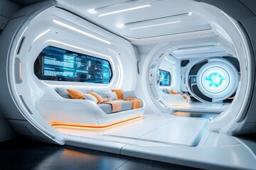 Poster - A 3D-rendered futuristic workspace with floating topic lists displayed on holographic boards