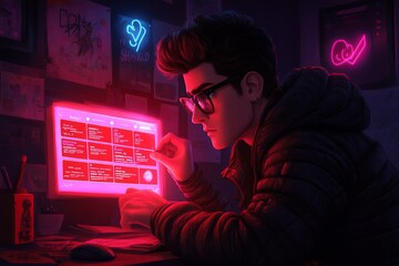 Poster - A 8-bit pixel art of a character selecting a quest topic from a glowing menu in a retro RPG game