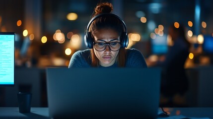 Poster - Focused individual wearing headphones works on a laptop in a dimly lit office environment
