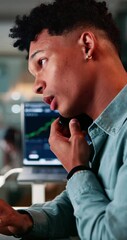 Poster - Trader, phone call and man in office, serious and conversation for info of stock market and finance. Trading, communication and person with mobile for investment, advisor and guidance for trends
