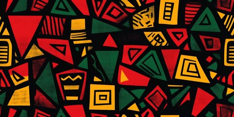 Poster - Vibrant African Inspired Pattern Featuring Bold Red, Yellow, and Green Geometric Shapes on Black Background for Artistic Use