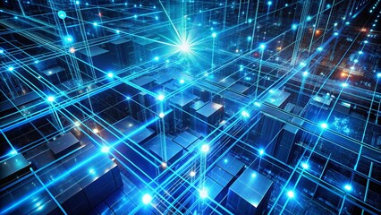Poster - Futuristic Blue Network Data Server Abstract Drone Photography Wallpaper