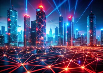 Poster - Futuristic Cityscape: Glowing Red Grid Network, Sci-Fi Architecture, Cyberpunk City