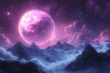 Wall Mural - vast cosmic landscape featuring luminous purple nebula illuminating an alien planets surface with di
