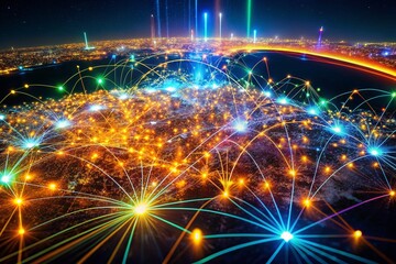 Poster - Futuristic Data Visualization: Aerial View of Dynamic Network Graph with Glowing Nodes and Lines