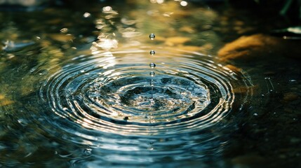 Poster - Water Droplet Suspended in Mid-Air Forming Perfect Circular Ripples Over a Serene Natural Water Surface During a Calm Day