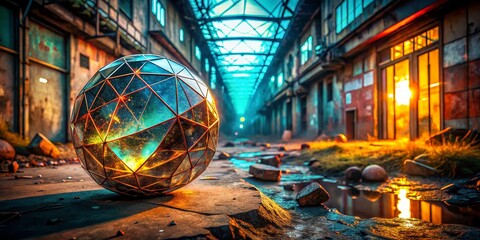 Poster - Futuristic Holographic Sphere: Geometric Lines in Urban Decay Setting