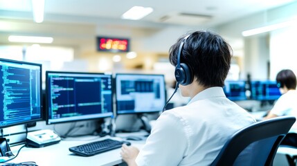 Poster - Support staff monitors multiple computer screens while providing assistance in a busy office