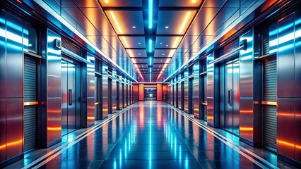 Poster - Futuristic Metallic Corridor: Sleek Architecture, Illuminated Walls, Sci-Fi Interior Design Stock Photo