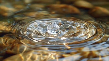 Poster - Water Droplet Suspended in Mid Air, Forming Circular Shapes and Patterns Amidst Reflective Background of Calm Water Surface