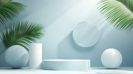 Poster - This composition showcases a minimalist setting with a white cylinder pedestal, soft blue backdrop, and green palm leaf accents, creating a tranquil atmosphere perfect for product showcasing