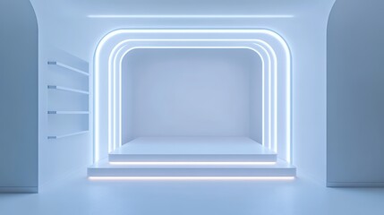Poster - Minimalist White Room with Sleek Lighting and Simple Shelves, Perfect for Modern Design Concepts and Photography Backdrops