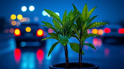 Wall Mural - Two small potted plants with vibrant green leaves, glistening with raindrops, sit in the foreground against a blurred background of a city street on