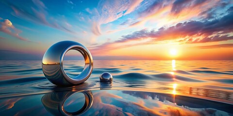 Poster - Futuristic Seascape: Minimalist Chrome Ring & Silver Sphere Panoramic Wallpaper