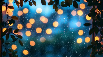 Wall Mural - Rainy night view through window with bokeh lights and leaves framing the scene, soft focus, dark blue and golden tones, evocative of a cozy and