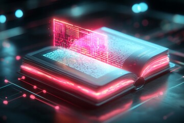 Poster - A cyberpunk-inspired dictionary displayed on a neon holographic interface, scanning words instantly