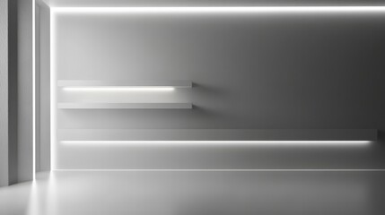 Poster - Minimalist White Room with Empty Shelves and Soft Ambient Lighting Ideal for Modern Interior Design Concepts and Creative Backgrounds