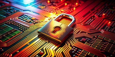 Poster - Glowing Neon Padlock on Circuit Board: Cybersecurity Firewall Data Protection