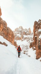 Aufkleber - Hiker wearing snowshoes and gripping trekking poles navigates a snowy path between majestic rocky mountains, enjoying the warmth of a beautiful sunny winter day
