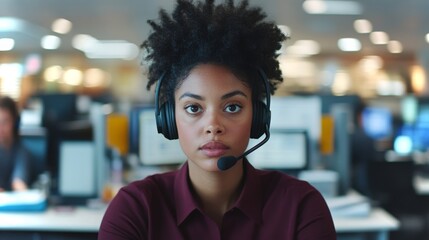 Poster - Focused customer service representative engaging with clients in a busy office environment